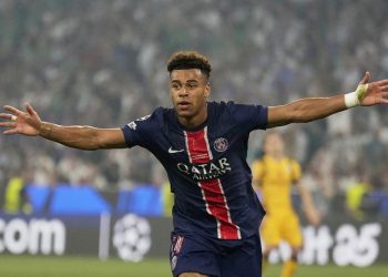 Penyerang PSG, Desire Doue merayakan gol ke gawang Inter Milan di final Liga Champions di Allianz Arena, 1 Juni 2025. (c) AP Photo/Matthias Schrader