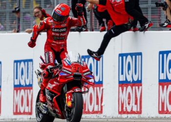 Marc Marquez melakukan Aura Farming saat menang MotoGP Jerman 2025. (Arsip Ducati Corse)