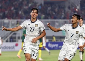Rafael Struick mencetak satu gol ke gawang Mali U-23, Selasa (18/11) malam. (Antara Foto/Yulius Satria Wijaya)