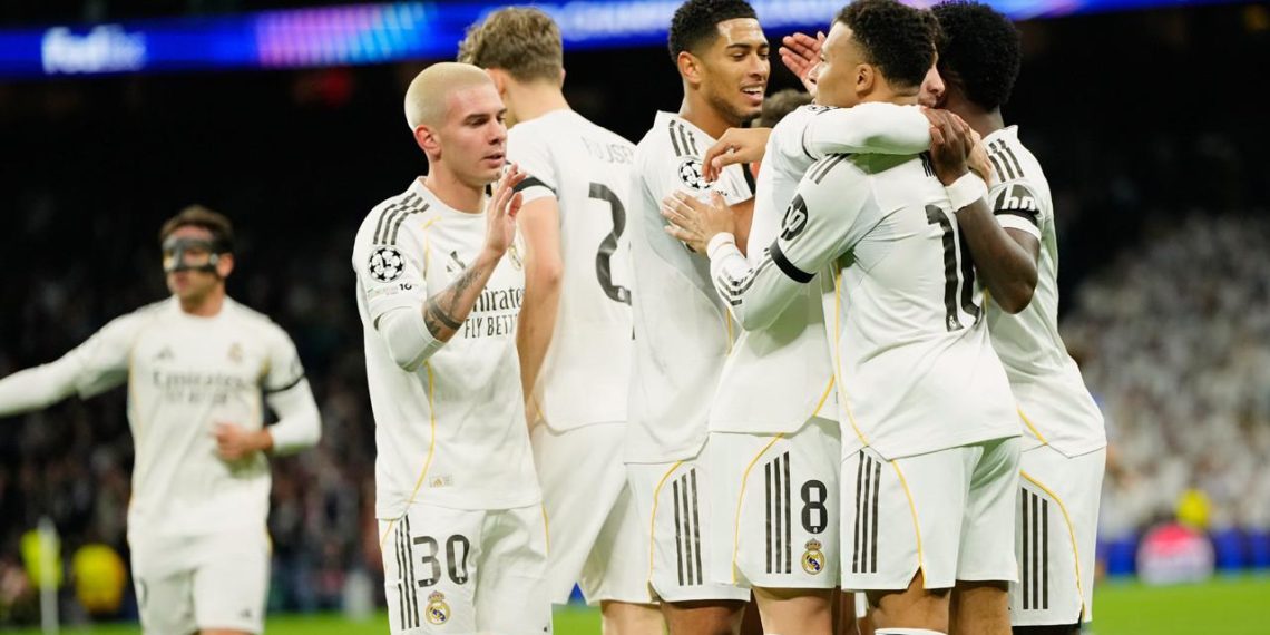 Selebrasi Kylian Mbappe dkk, dalam laga Real Madrid vs Monaco di Liga Champions, Rabu (21/1/2026). (AP Photo/Jose Breton)