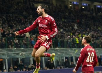 Dominik Szoboszlai merayakan golnya ke gawang Inter Milan, Rabu (10/12/2025) dini hari WIB (c) AP Photo/Luca Bruno