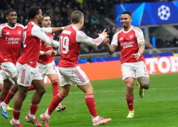 Pemain Arsenal, Gabriel Jesus, merayakan gol kedua timnya dalam pertandingan Liga Champions melawan Inter Milan, Rabu (21/1/2026). (c) AP Photo/Luca Bruno