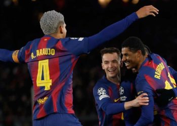 Pemain Barcelona, Marcus Rashford, merayakan gol bersama rekan setimnya dalam pertandingan Liga Champions, Kamis (29/1/2026) dini hari WIB. (c) AP Photo/Joan Monfort